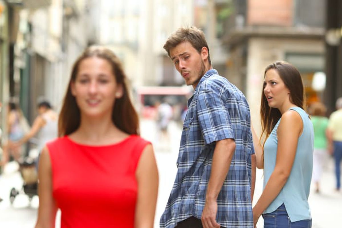 Distracted Boyfriend meme about OUTWAY