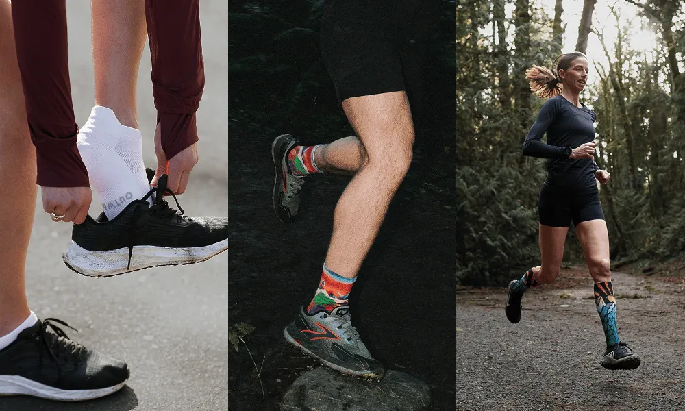 Runners on road and trail in Outway socks at different heights